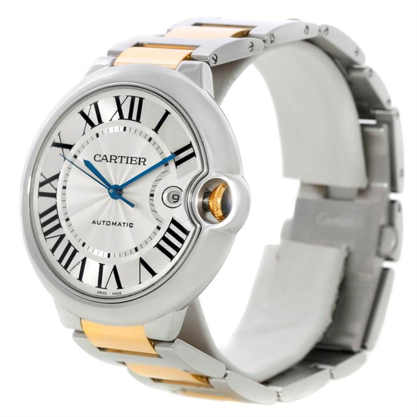 The Ballon Bleu by Cartier watch is shown at a slight angle highlighting the face, bezel, crown, and part of the bracelet.