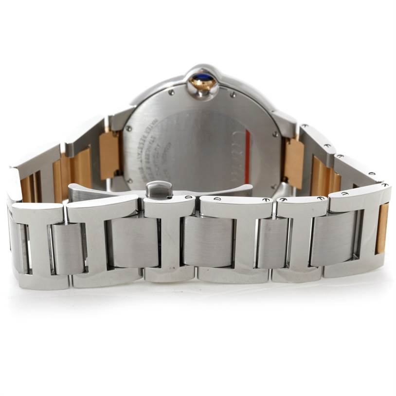 The image shows the back view of the Cartier Ballon Bleu W69009Z3 Men
s Stainless Steel Silver Dial W69009Z3 Men
s Stainless Steel Silver Dial watch, highlighting its two-tone bracelet and case.