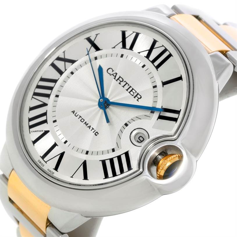 The image shows a close-up angled view of the dial and crown of a Cartier Ballon Bleu W69009Z3 Men
s Stainless Steel Silver Dial W69009Z3 Men
s Stainless Steel Silver Dial watch.