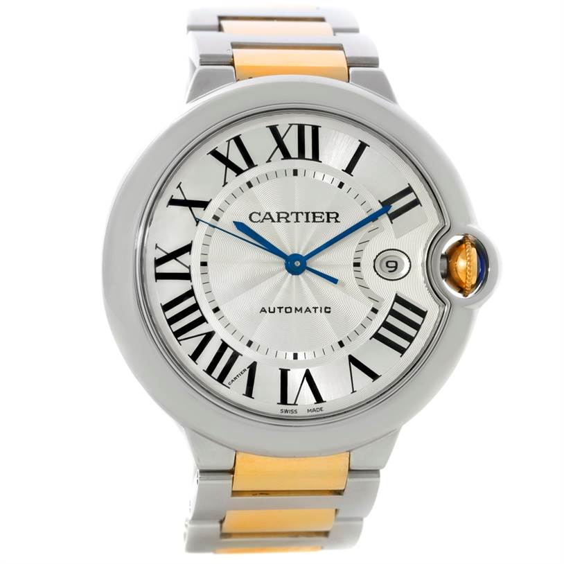 The image shows a front view of the Cartier Ballon Bleu W69009Z3 Men
s Stainless Steel Silver Dial W69009Z3 Men
s Stainless Steel Silver Dial watch, featuring its face, Roman numerals, and the two-tone bracelet.