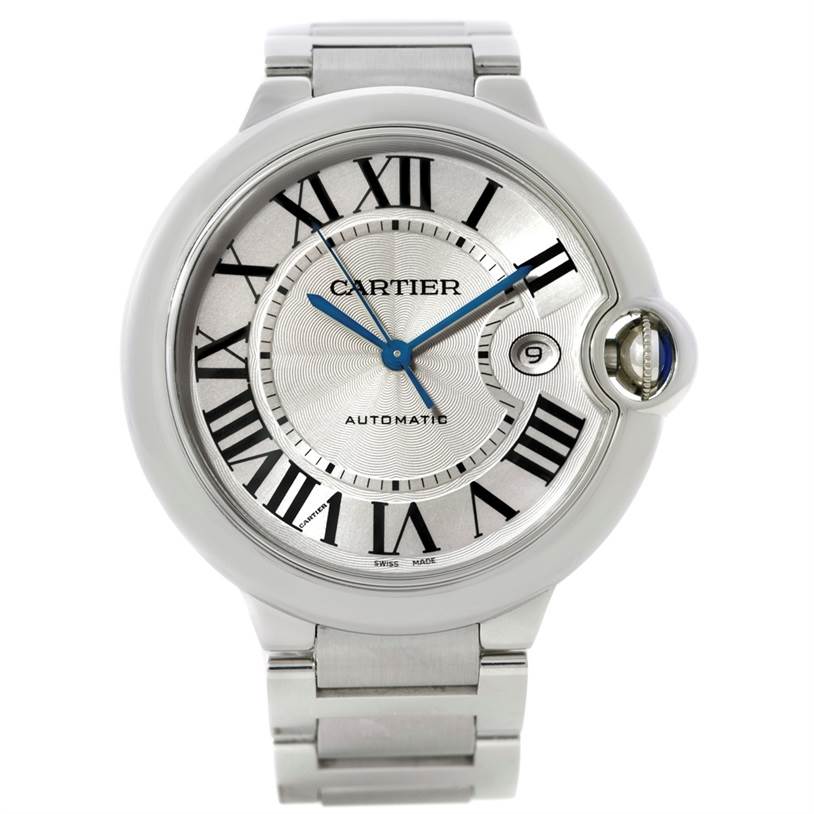 The image shows a front view of the Cartier Ballon Bleu W69012Z4 Men's Stainless Steel Silver Dial W69012Z4 Men's Stainless Steel Silver Dial watch, highlighting its dial, Roman numerals, blue steel hands, and metal bracelet.