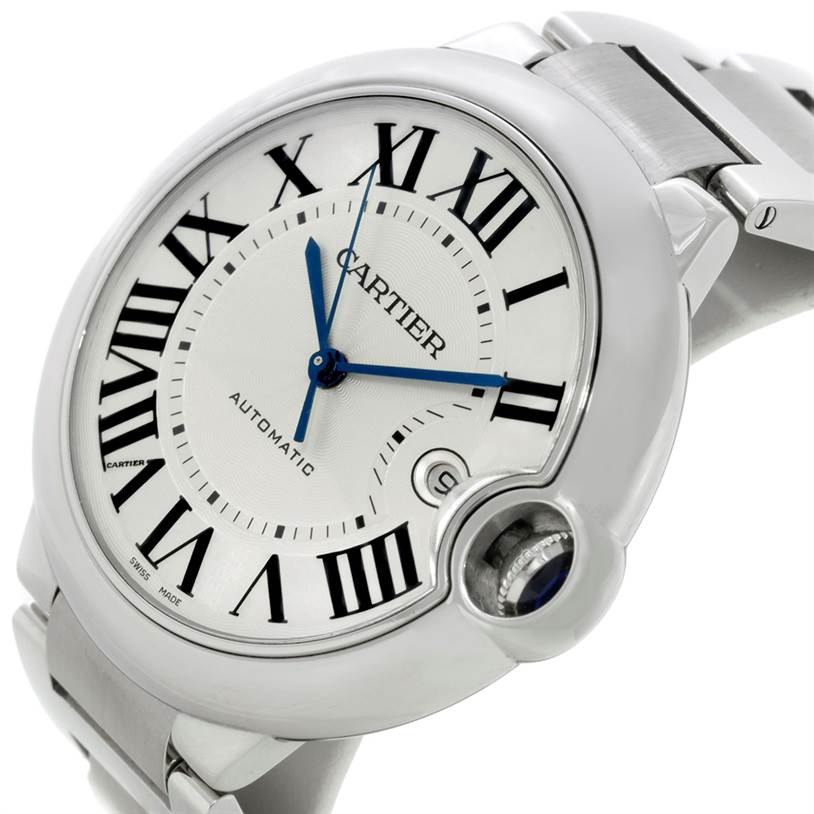 The image shows a close-up view of the Cartier Ballon Bleu W69012Z4 Men's Stainless Steel Silver Dial W69012Z4 Men's Stainless Steel Silver Dial watch face with its Roman numeral markers, blue hands, and part of the bracelet.