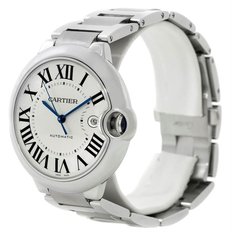 The image shows a Cartier Ballon Bleu W69012Z4 Men's Stainless Steel Silver Dial W69012Z4 Men's Stainless Steel Silver Dial watch angled to display its face, Roman numerals, bracelet, and crown.