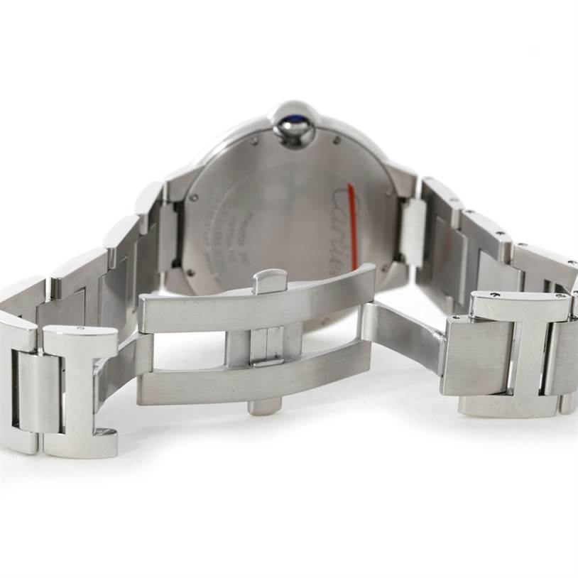 This image shows the Ballon Bleu model by Cartier from the back, displaying the watch's clasp and part of the bracelet.