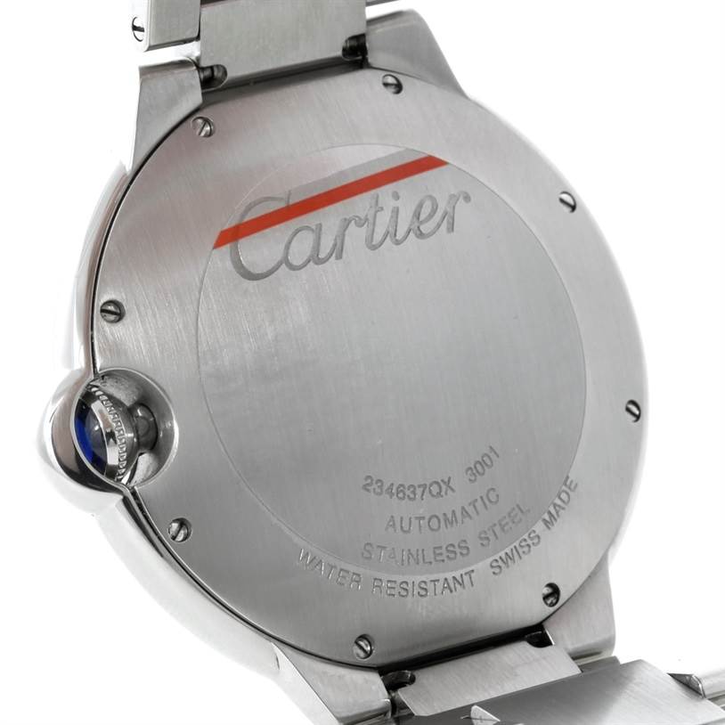 The image shows the back, stainless steel case, and crown of a Cartier Ballon Bleu W69012Z4 Men's Stainless Steel Silver Dial W69012Z4 Men's Stainless Steel Silver Dial watch.