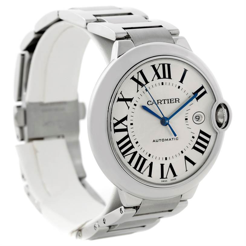 The image shows a Cartier Ballon Bleu W69012Z4 Men's Stainless Steel Silver Dial W69012Z4 Men's Stainless Steel Silver Dial watch from a front-left angle, highlighting its face, band, and links.