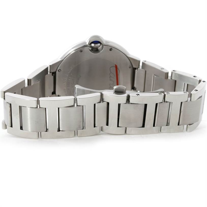 The image shows the back view of a Cartier Ballon Bleu W69012Z4 Men's Stainless Steel Silver Dial W69012Z4 Men's Stainless Steel Silver Dial watch, featuring its bracelet and the case back.