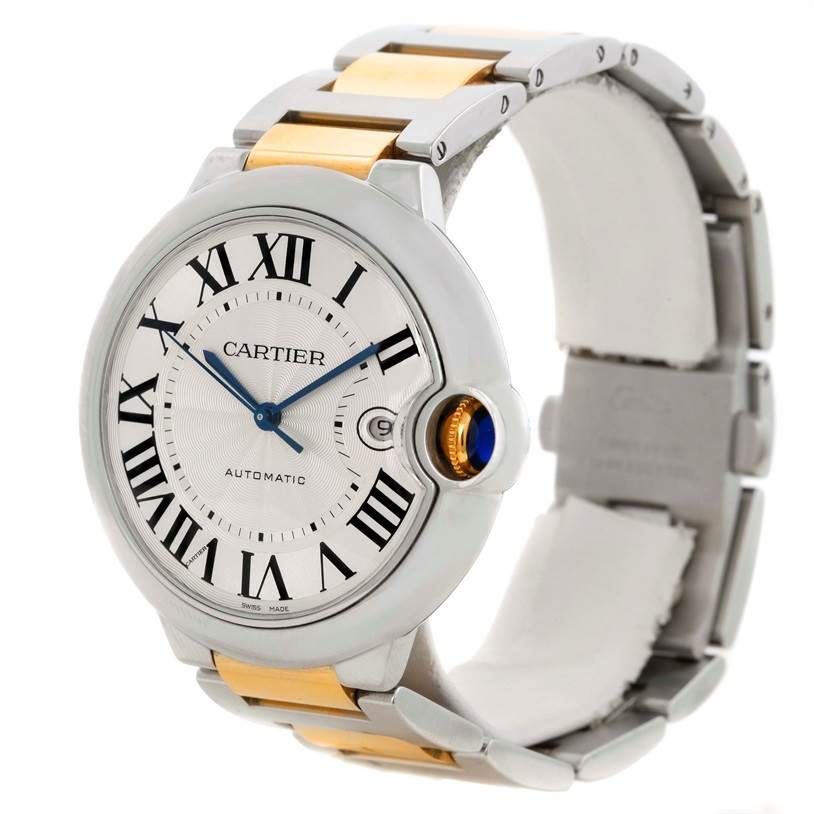 This image shows a Cartier Ballon Bleu W69009Z3 Men
s Stainless Steel Silver Dial W69009Z3 Men
s Stainless Steel Silver Dial watch at a three-quarter angle, highlighting the face, bezel, and part of the bracelet.