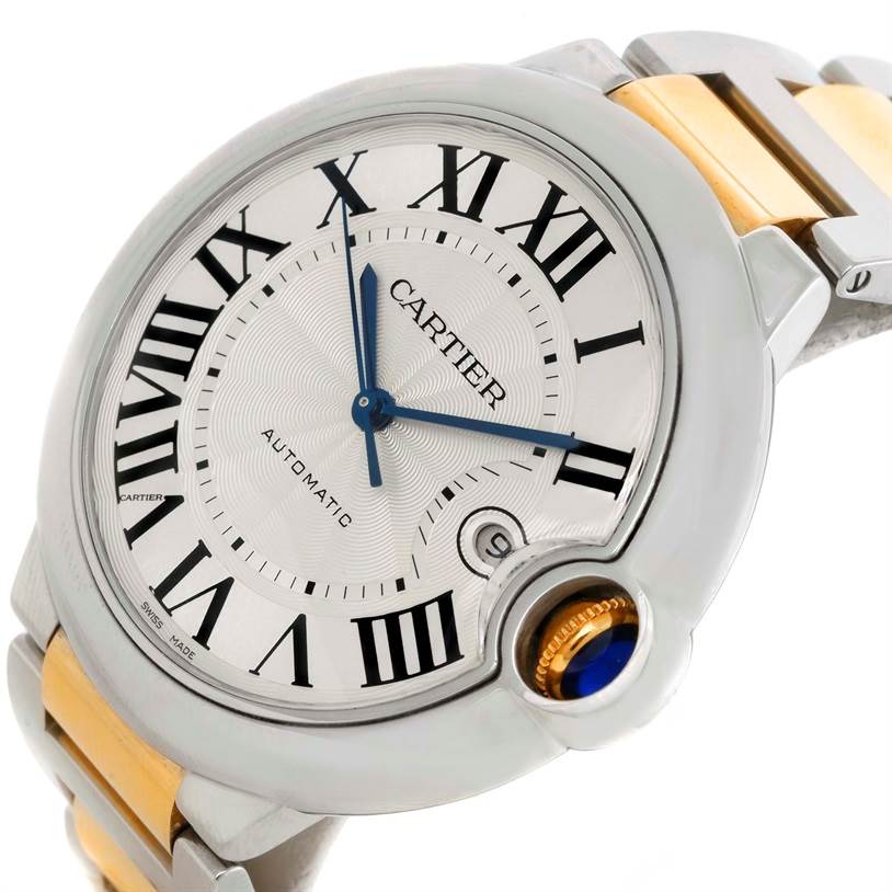 The image shows a close-up angle of a Cartier Ballon Bleu W69009Z3 Men
s Stainless Steel Silver Dial W69009Z3 Men
s Stainless Steel Silver Dial watch, highlighting the dial, Roman numerals, blue hands, and part of the bracelet.