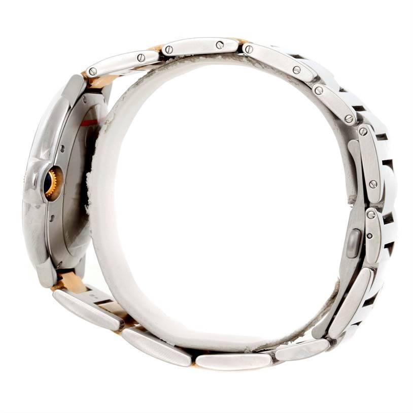 This side-angle view of the Cartier Ballon Bleu W69009Z3 Men
s Stainless Steel Silver Dial W69009Z3 Men
s Stainless Steel Silver Dial watch showcases the bracelet and crown.