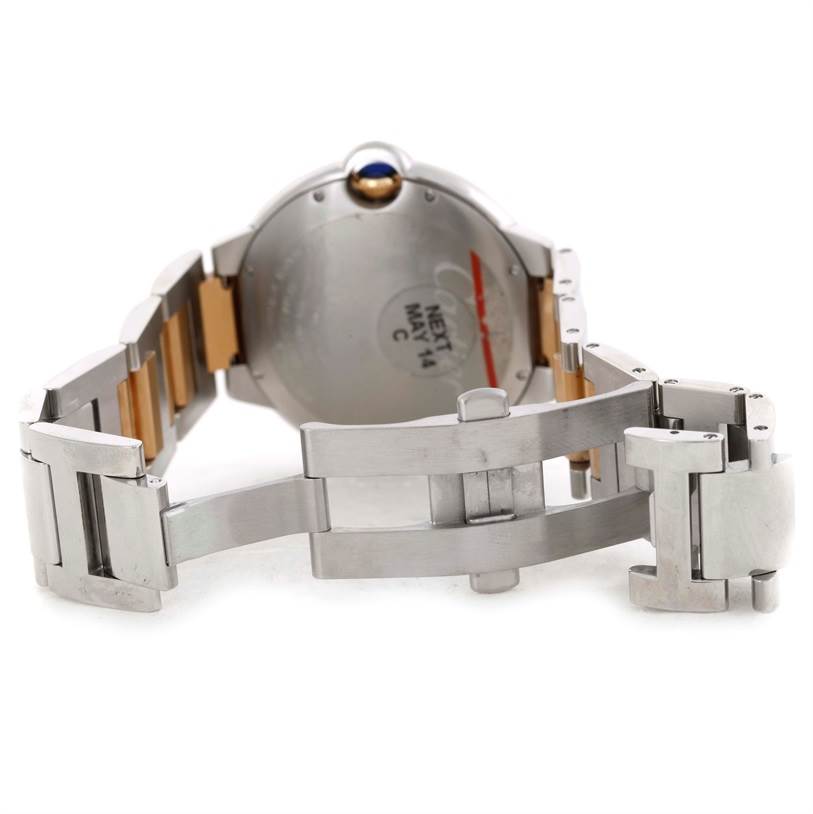 The image shows the back and partially unbuckled metal bracelet of the Cartier Ballon Bleu W69009Z3 Men
s Stainless Steel Silver Dial W69009Z3 Men
s Stainless Steel Silver Dial watch.