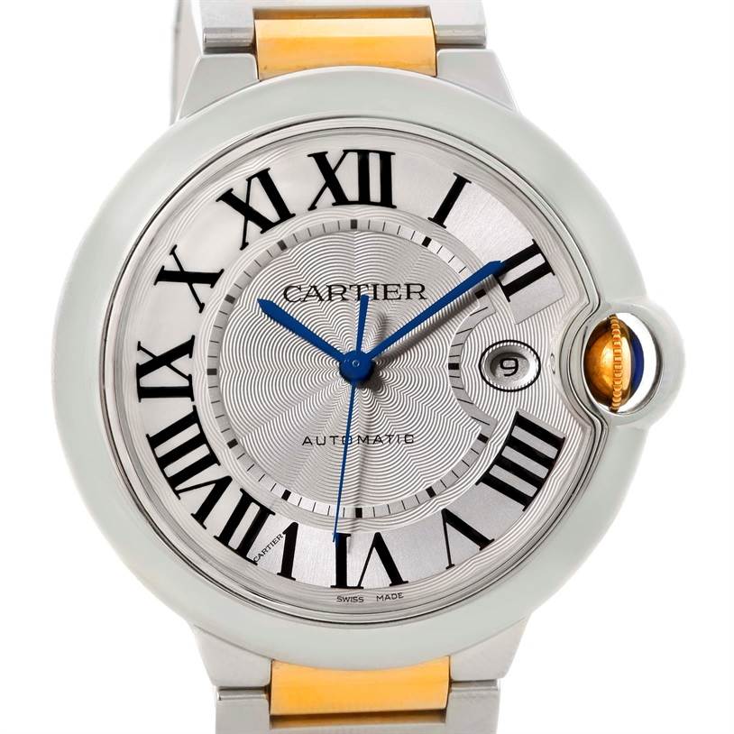 This is a front view of a Cartier Ballon Bleu W69009Z3 Men
s Stainless Steel Silver Dial W69009Z3 Men
s Stainless Steel Silver Dial watch, showcasing the dial, hands, and part of the bracelet.