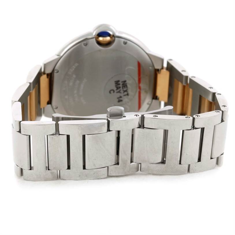 The image shows the back case and bracelet of a Cartier Ballon Bleu W69009Z3 Men
s Stainless Steel Silver Dial W69009Z3 Men
s Stainless Steel Silver Dial watch from a rear angle.