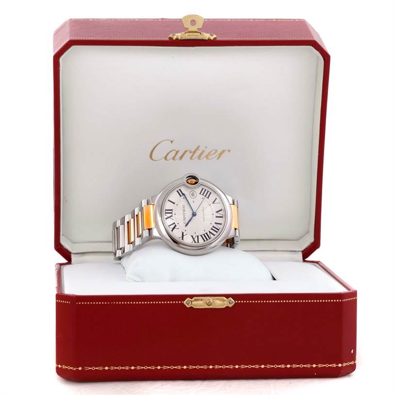 The image shows a Cartier Ballon Bleu W69009Z3 Men
s Stainless Steel Silver Dial W69009Z3 Men
s Stainless Steel Silver Dial watch displayed in an open Cartier box from a front angle.