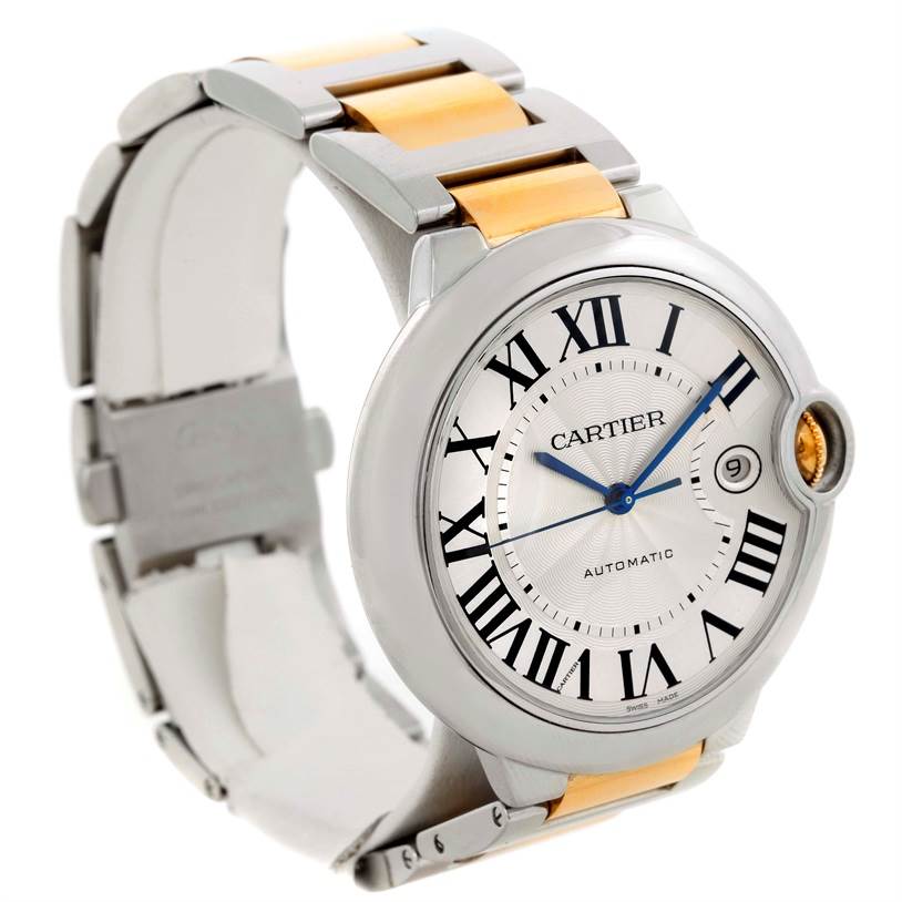 The Ballon Bleu by Cartier is shown at a side angle, revealing its round face, Roman numeral dial, and stainless steel and gold bracelet.