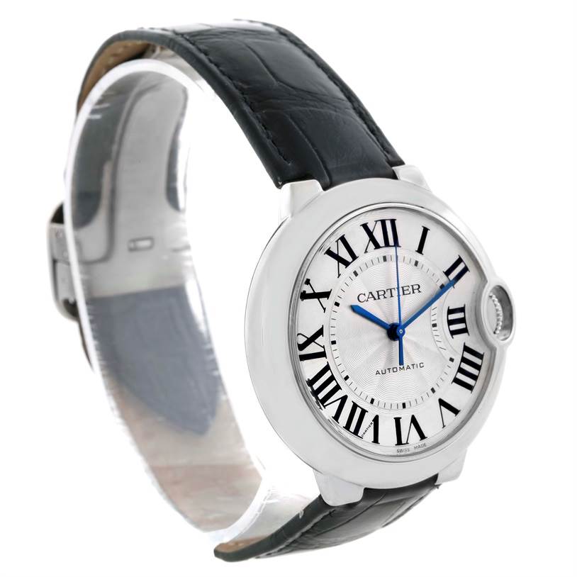 The Cartier Ballon Bleu W69017Z4 Women
s Stainless Steel Silver Dial W69017Z4 Women
s Stainless Steel Silver Dial watch is shown from an angled front view highlighting its face, strap, and side profile.