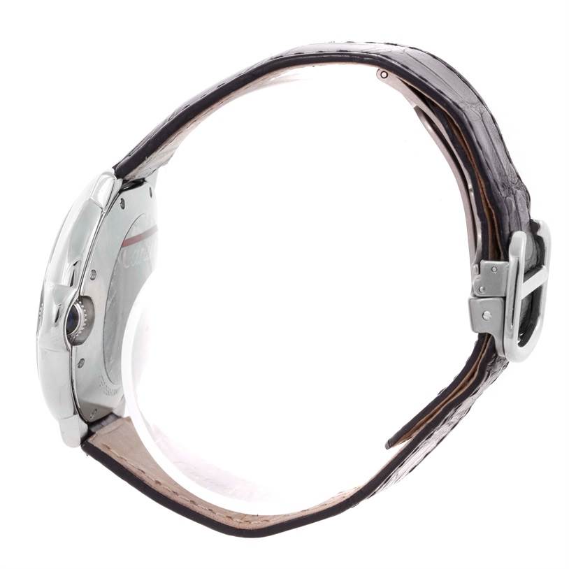 The Cartier Ballon Bleu W69017Z4 Women
s Stainless Steel Silver Dial W69017Z4 Women
s Stainless Steel Silver Dial watch is shown from a side angle, displaying the case, crown, buckle, and leather strap.