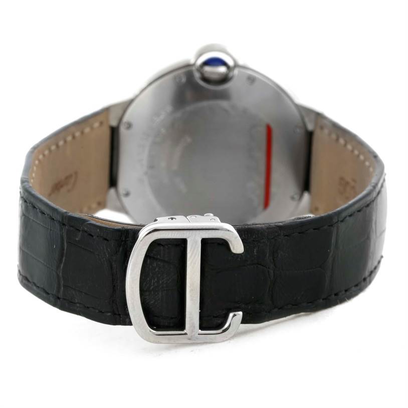 The image shows the back of a Cartier Ballon Bleu W69017Z4 Women
s Stainless Steel Silver Dial W69017Z4 Women
s Stainless Steel Silver Dial watch, focusing on the leather strap and clasp.