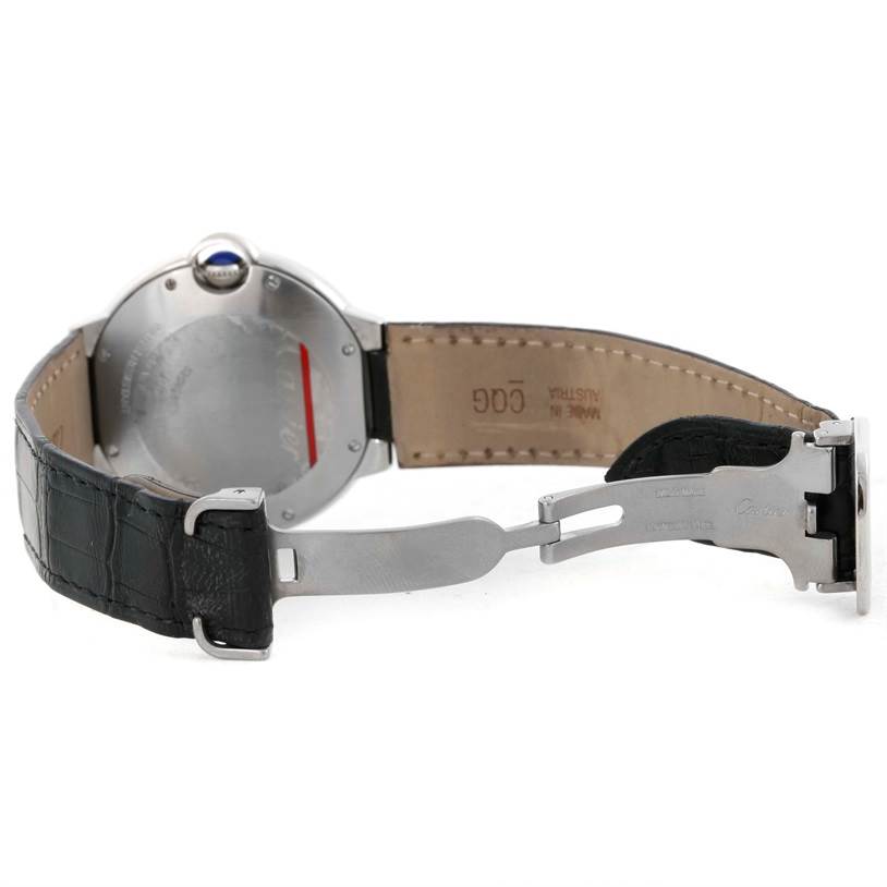 This image shows a rear angle of the Cartier Ballon Bleu W69017Z4 Women
s Stainless Steel Silver Dial W69017Z4 Women
s Stainless Steel Silver Dial watch, highlighting the open clasp and leather strap.