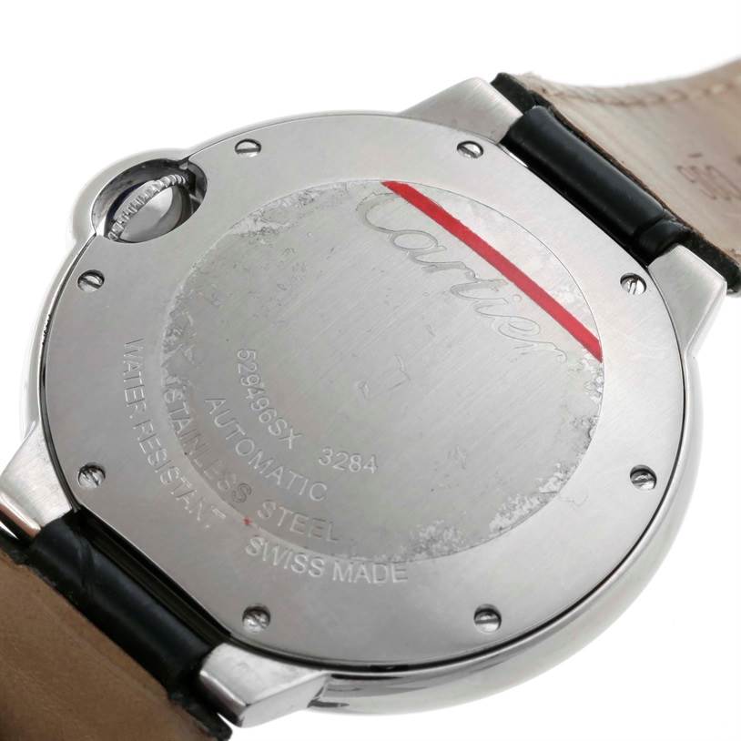 The image shows the back case of a Cartier Ballon Bleu W69017Z4 Women
s Stainless Steel Silver Dial W69017Z4 Women
s Stainless Steel Silver Dial watch, displaying its specifications and strap attachments.