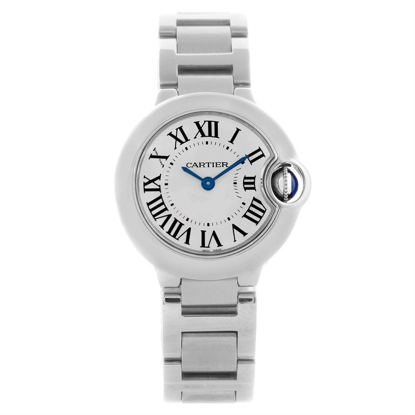 This image shows a front view of a Ballon Bleu by Cartier watch, displaying the dial, face, and part of the bracelet.