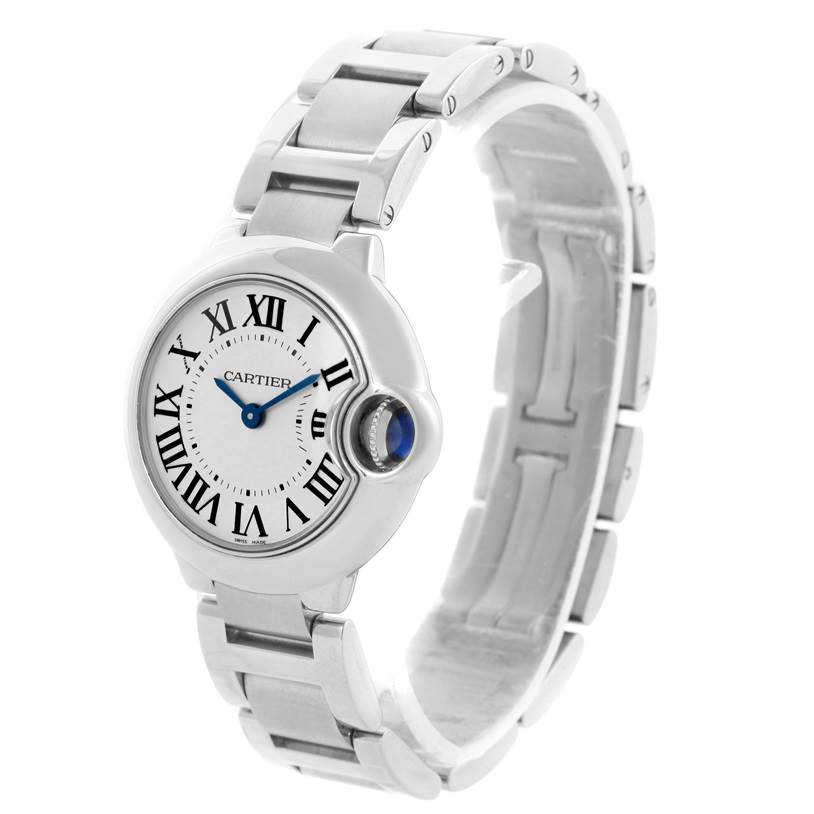 The image shows a side angle of the Cartier Ballon Bleu W69010Z4 Women
s Stainless Steel Silver Dial W69010Z4 Women
s Stainless Steel Silver Dial watch, highlighting its band, face, and signature blue crown.