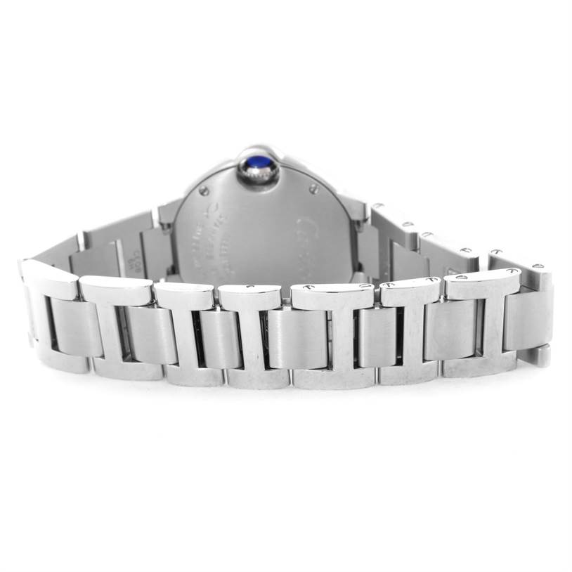 The image shows the back view of a Cartier Ballon Bleu W69010Z4 Women
s Stainless Steel Silver Dial W69010Z4 Women
s Stainless Steel Silver Dial watch, highlighting the bracelet and case back.