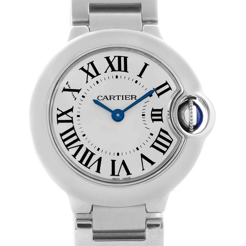 This image shows a frontal view of a Cartier Ballon Bleu W69010Z4 Women
s Stainless Steel Silver Dial W69010Z4 Women
s Stainless Steel Silver Dial watch, displaying the face, crown guard, and part of the bracelet.
