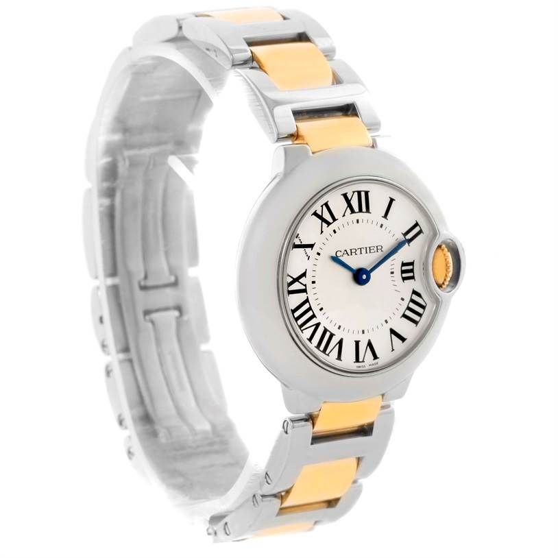 The image shows the front and side angle of a Cartier Ballon Bleu W69007Z3 Women
s Stainless Steel Silver Dial W69007Z3 Women
s Stainless Steel Silver Dial watch, highlighting its face, crown, and two-tone bracelet.