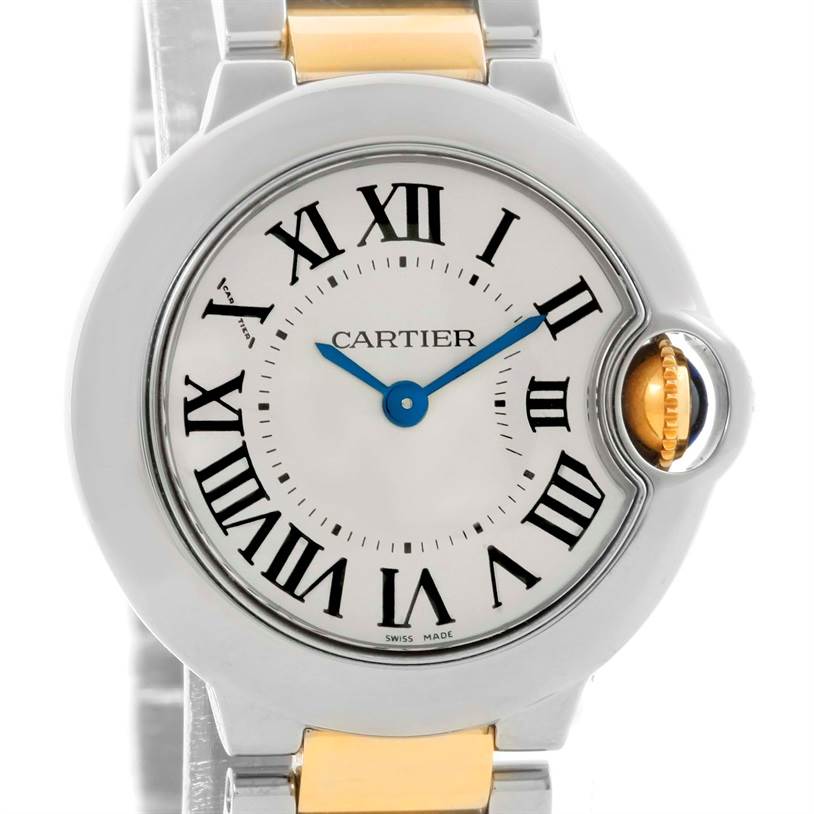 This image shows a front view of the dial and part of the bracelet of a Cartier Ballon Bleu W69007Z3 Women
s Stainless Steel Silver Dial W69007Z3 Women
s Stainless Steel Silver Dial watch.