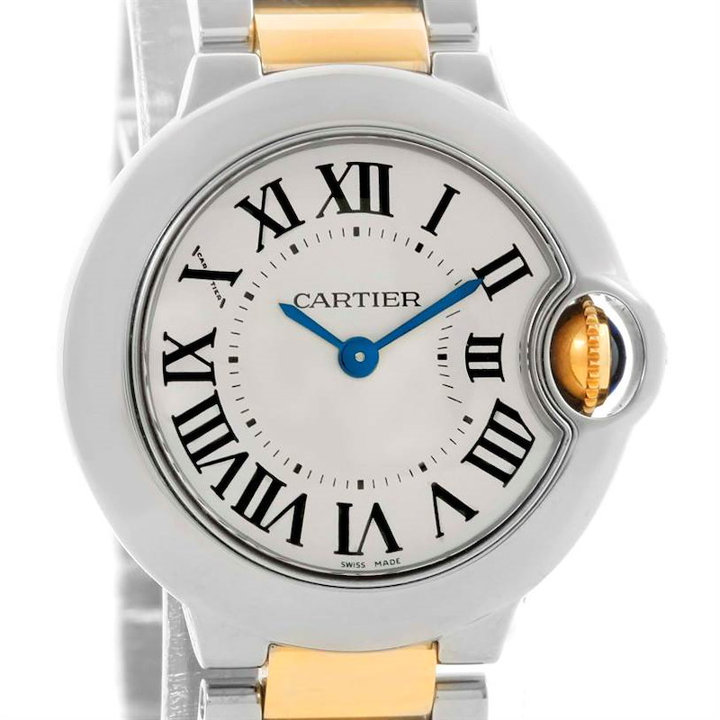 This image shows a front view of the dial and part of the bracelet of a Cartier Ballon Bleu watch.