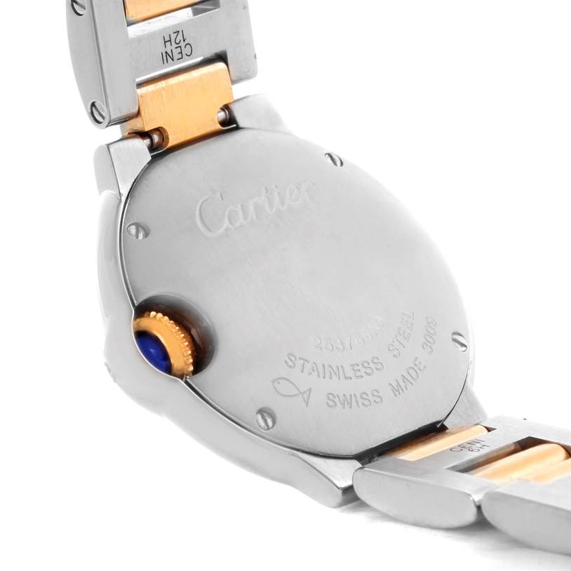 This image shows the back of the Cartier Ballon Bleu W69007Z3 Women
s Stainless Steel Silver Dial W69007Z3 Women
s Stainless Steel Silver Dial watch, including the case back and part of the bracelet and clasp.