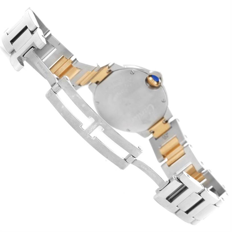 The image shows the back of the Cartier Ballon Bleu W69007Z3 Women
s Stainless Steel Silver Dial W69007Z3 Women
s Stainless Steel Silver Dial watch, highlighting the metal bracelet and clasp.