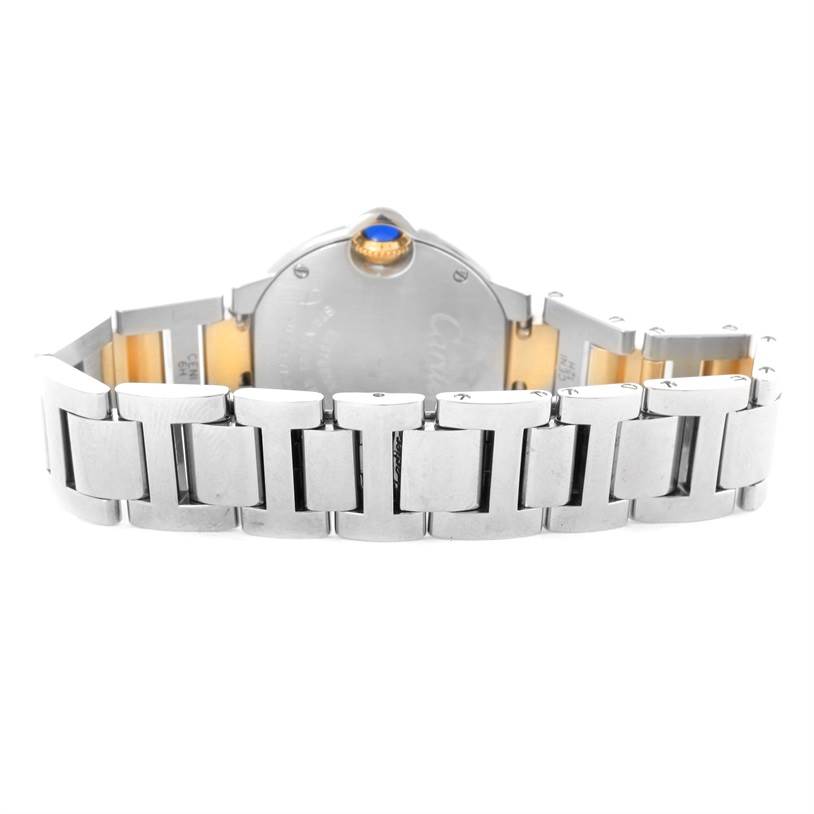 This image shows the back view of the Cartier Ballon Bleu W69007Z3 Women
s Stainless Steel Silver Dial W69007Z3 Women
s Stainless Steel Silver Dial watch, focusing on the clasp and band.