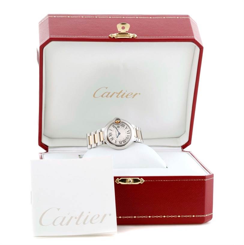 The image shows a Cartier Ballon Bleu W69007Z3 Women
s Stainless Steel Silver Dial W69007Z3 Women
s Stainless Steel Silver Dial watch inside its open red presentation box with a Cartier card in front.