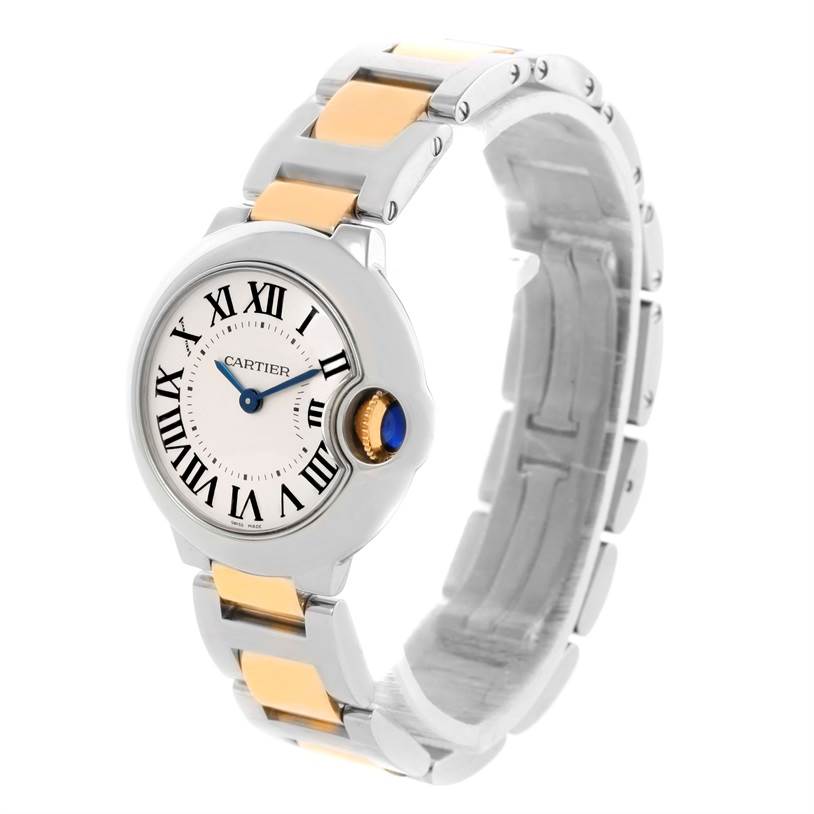 The image shows a side and front view of a Cartier Ballon Bleu W69007Z3 Women
s Stainless Steel Silver Dial W69007Z3 Women
s Stainless Steel Silver Dial watch with a two-tone metal bracelet and Roman numeral dial.