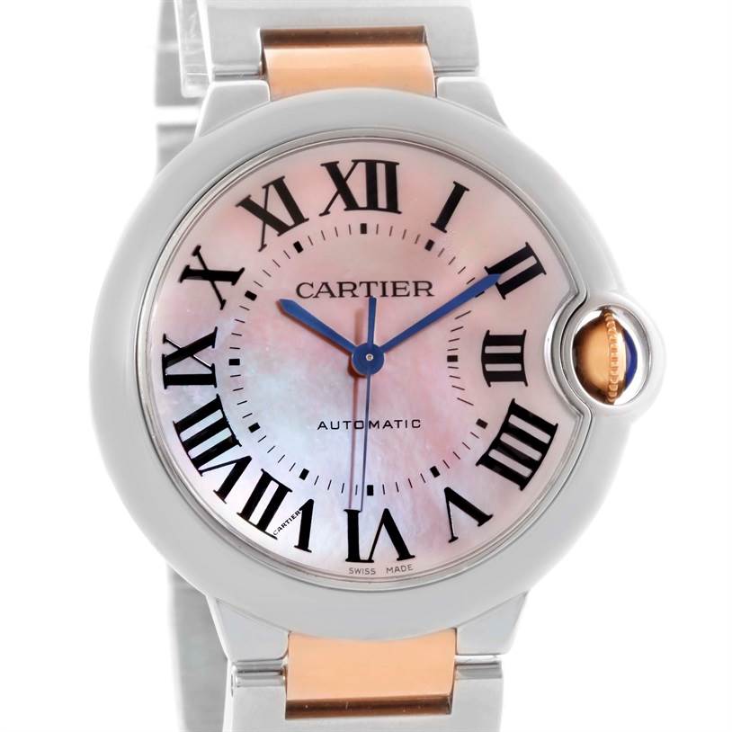 This image shows a frontal view of the Cartier Ballon Bleu W6920070 Women's Steel and Gold (two tone) Mother of Pearl Dial W6920070 Women's Steel and Gold (two tone) Mother of Pearl Dial watch, highlighting its face and part of the bracelet.