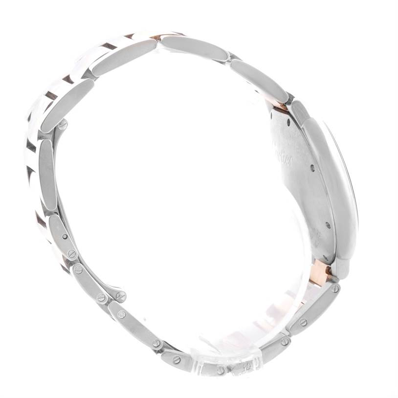 The image shows a side profile of a Cartier Ballon Bleu W6920070 Women's Steel and Gold (two tone) Mother of Pearl Dial W6920070 Women's Steel and Gold (two tone) Mother of Pearl Dial watch, highlighting the links of the metal bracelet and the case side.