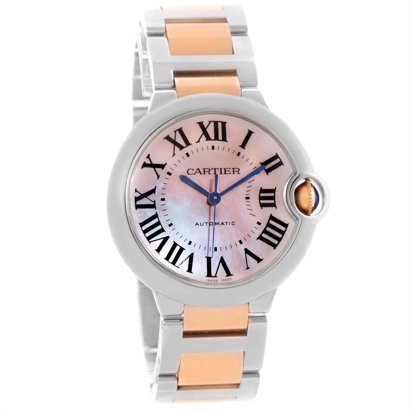 The image shows a frontal view of the Cartier Ballon Bleu W6920070 Women's Steel and Gold (two tone) Mother of Pearl Dial W6920070 Women's Steel and Gold (two tone) Mother of Pearl Dial watch, highlighting its face and two-tone metal strap.