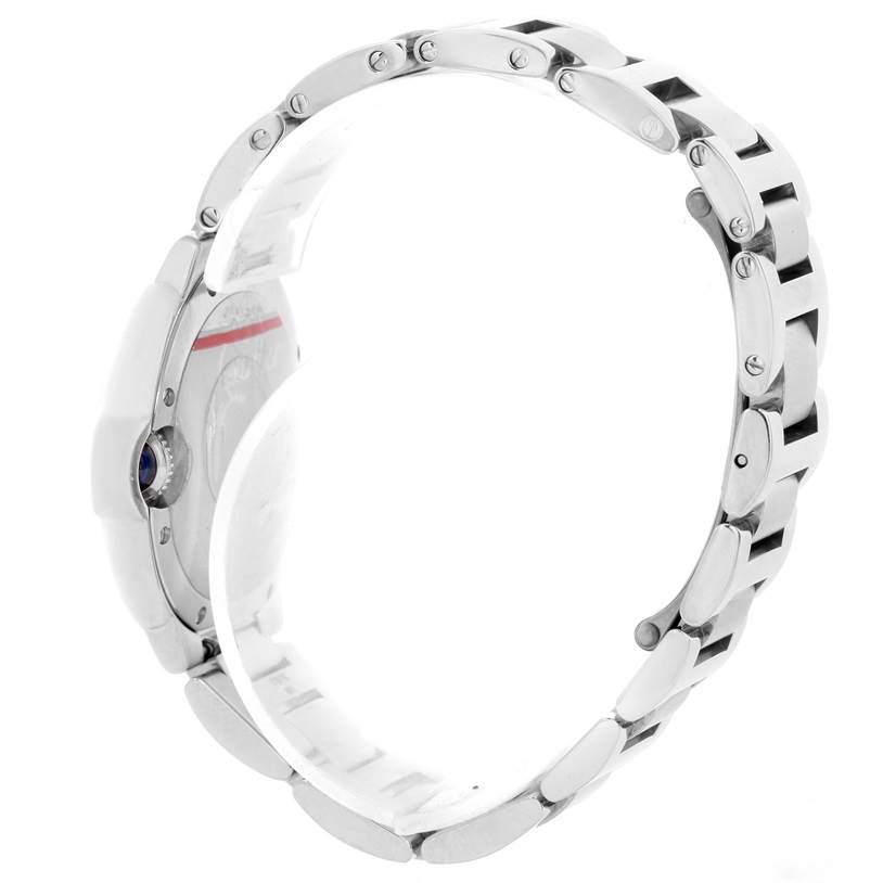 This image shows a side angle of the Ballon Bleu by Cartier, highlighting its bracelet and winding crown.