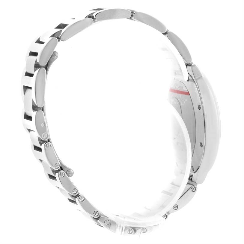 The image shows a side angle view of the Ballon Bleu watch by Cartier, highlighting the bracelet and case side.