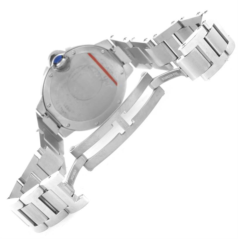 This image shows the back and partially opened bracelet of a Cartier Ballon Bleu W6920071 Women
s Stainless Steel Silver Dial W6920071 Women
s Stainless Steel Silver Dial watch.