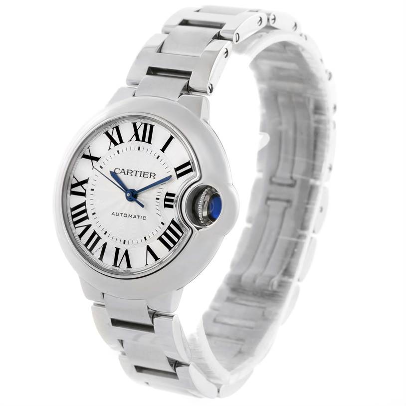 The image shows a Cartier Ballon Bleu W6920071 Women
s Stainless Steel Silver Dial W6920071 Women
s Stainless Steel Silver Dial watch at a slight angle, highlighting the face, crown, and bracelet.
