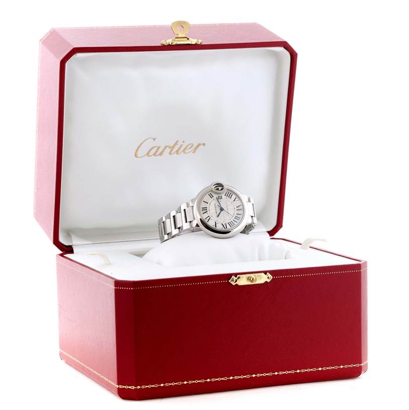 The Ballon Bleu model by Cartier is shown from the front, displayed in its original red and gold Cartier box.
