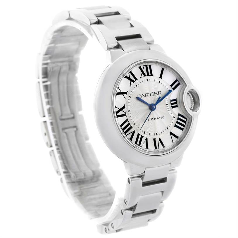 The image shows a front and slightly angled view of a Cartier Ballon Bleu W6920071 Women
s Stainless Steel Silver Dial W6920071 Women
s Stainless Steel Silver Dial watch with its metallic bracelet.