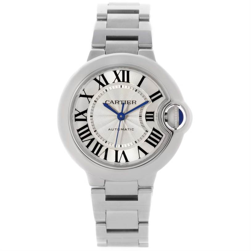 The image shows a front view of the Cartier Ballon Bleu W6920071 Women
s Stainless Steel Silver Dial W6920071 Women
s Stainless Steel Silver Dial watch, highlighting the silver bracelet, dial, and blue hands and crown.