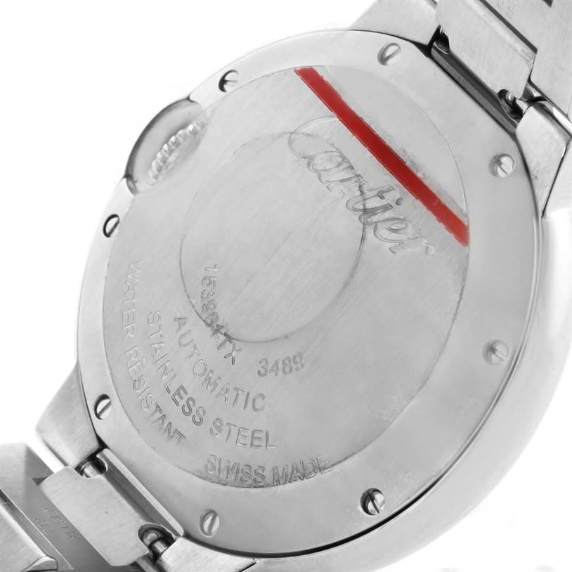 The image shows the back of a Cartier Ballon Bleu W6920071 Women
s Stainless Steel Silver Dial W6920071 Women
s Stainless Steel Silver Dial watch, highlighting its stainless steel case and inscriptions.