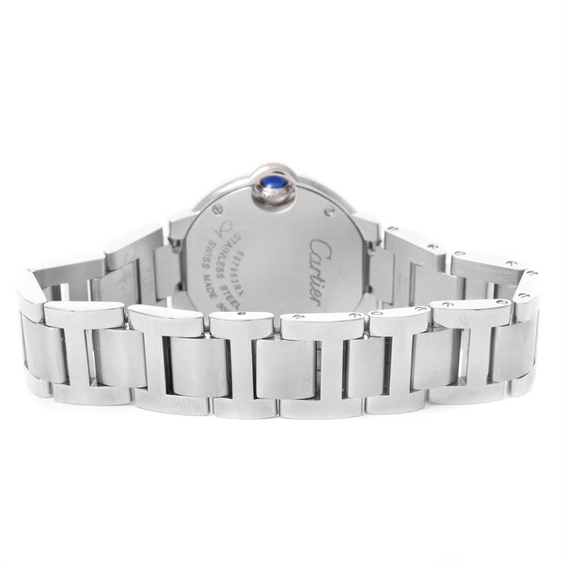 This image shows the back view of a Cartier Ballon Bleu W69010Z4 Women
s Stainless Steel Silver Dial W69010Z4 Women
s Stainless Steel Silver Dial watch, highlighting its stainless steel strap and case back.