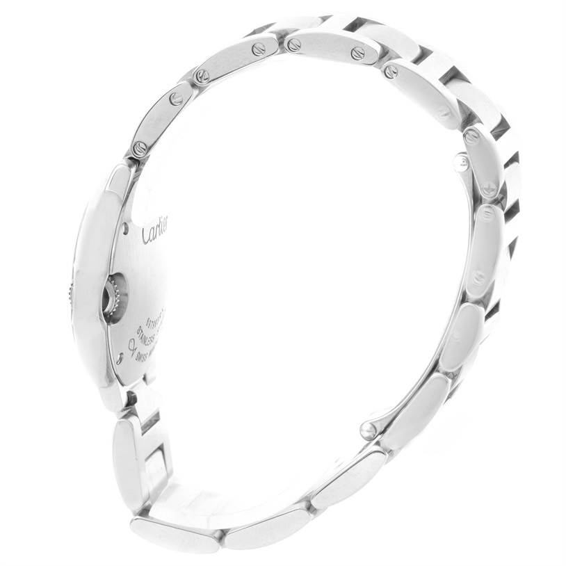 The image displays the side and partial back view of the Ballon Bleu model by Cartier, focusing on the band and case.