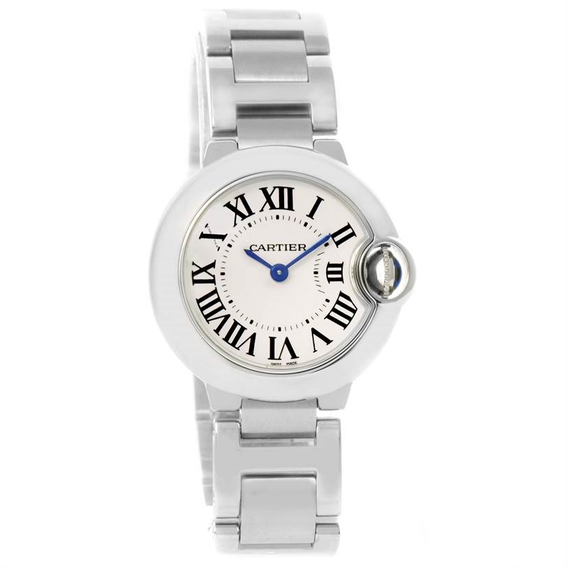 This image shows a front view of the Ballon Bleu model by Cartier, featuring its round face, Roman numerals, and metal bracelet.